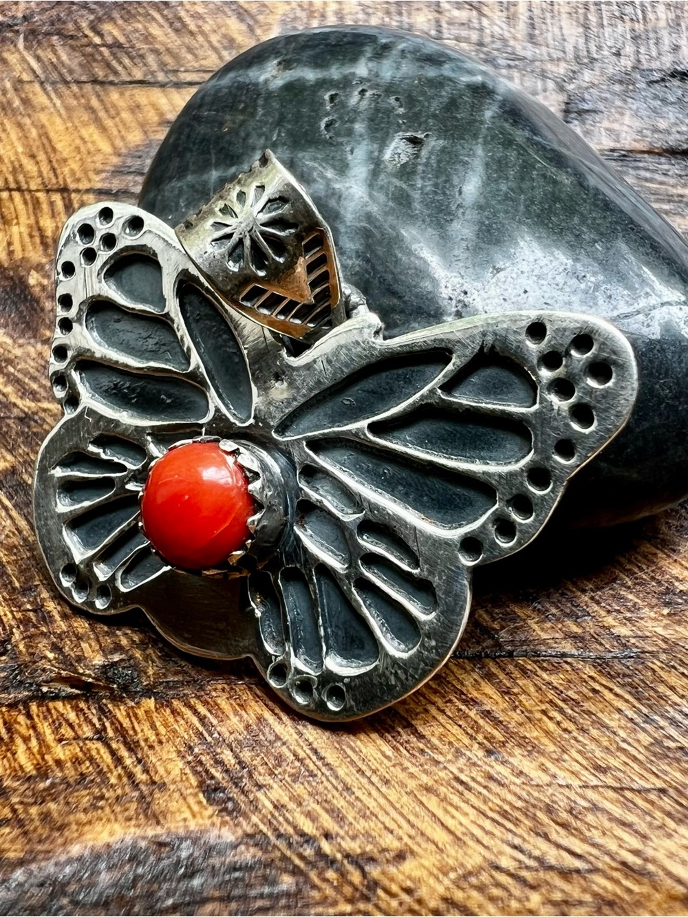 925 Sterling Silver Red Coral Butterfly Pendant Southwestern - Picture 3 of 12